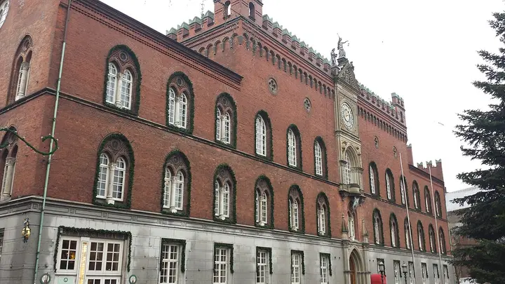 Red brick town hall with arched windows in Odense.